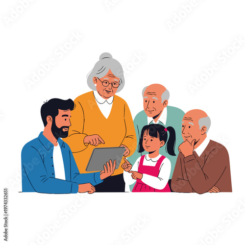 Family members, young and old, looking at tablet together.