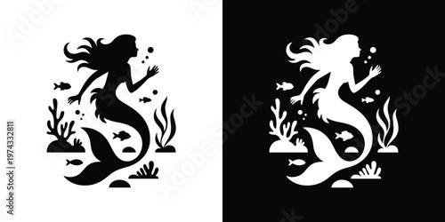 Black and white mermaid silhouettes with seaweed and fish 2
