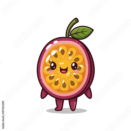 Cute passion fruit chibi character illustration with a smiling face and purple rind on white background