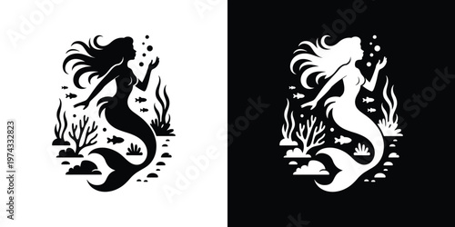 Black and white mermaid silhouettes with seaweed and fish
