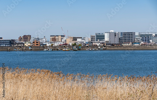 都県境を流れる多摩川の河口の風景