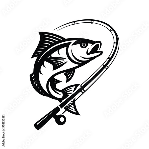 Black and white of a fish jumping out of water caught on a fishing rod 1