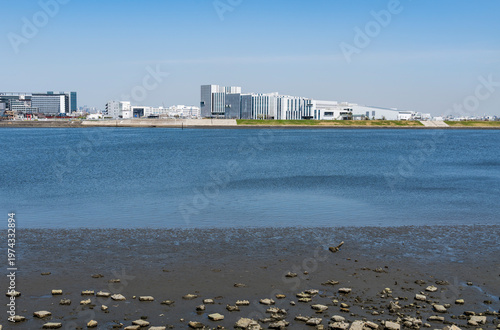都県境を流れる多摩川の河口の風景