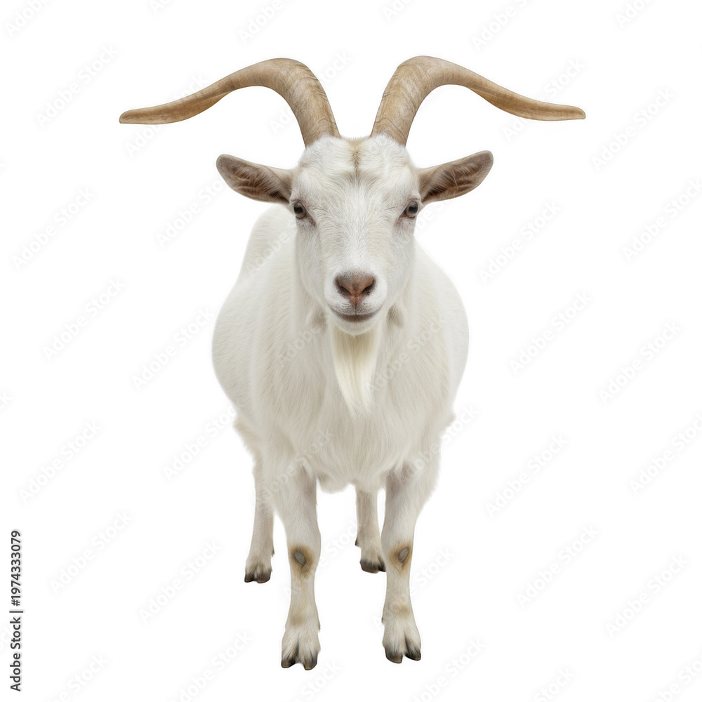 Fototapeta premium White goat with curved horns standing front view isolated on a transparent background