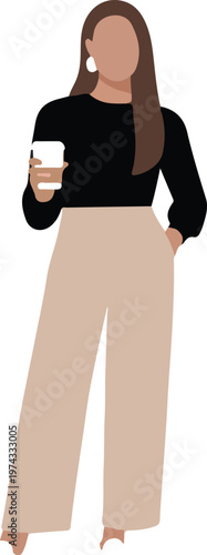 Minimalist flat fashion illustration of casual woman holding coffee cup wearing black top khaki pants and white sneakers style