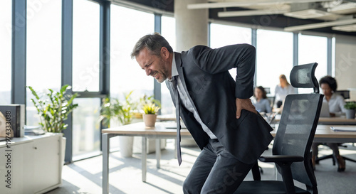 Businessman in a suit suffering from lower back pain or muscle strain while standing in a bright modern office