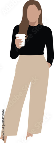 Minimalist flat fashion illustration of casual woman holding coffee cup wearing black top khaki pants and white sneakers style