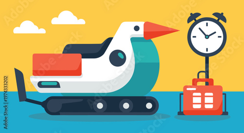 Creative Bird-Shaped Machine with Clock and Equipment for Industrial, Mechanism, and Creative Design Illustrations