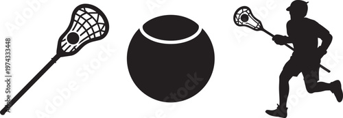 Lacrosse stick and ball with player silhouette icon set for sport and game