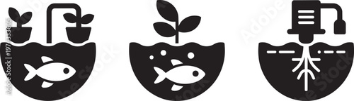 Set of three aquaponics farming icons in solid black style for fish and plants