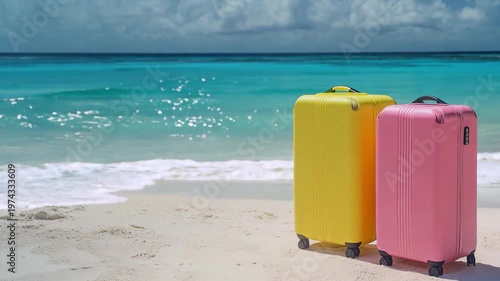 Two suitcases in yellow and pink sits on a beach next to turquoise water on a sunny day