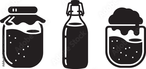 Set of three different glass beverage containers with liquid in outline style for container and jar