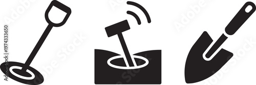 Set of three digging tools, metal detector, and shovel illustration for hammer and ground