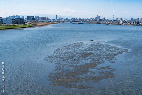 都県境を流れる多摩川の河口の風景
