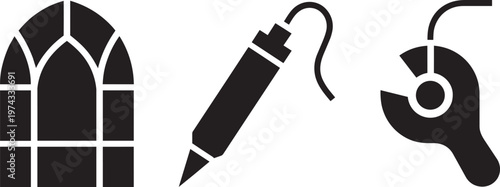 Set of three icons: gothic window, soldering iron, and wrench tool in outline style