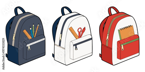 A realistic photo of three school backpacks standing upright side by side on a transparent or white background. One backpack is navy blue, the second is light gray, and the third is bright red. Each b