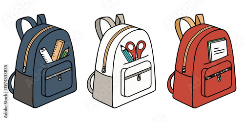 A realistic photo of three school backpacks standing upright side by side on a transparent or white background. One backpack is navy blue, the second is light gray, and the third is bright red. Each b