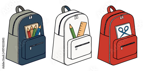 A realistic photo of three school backpacks standing upright side by side on a transparent or white background. One backpack is navy blue, the second is light gray, and the third is bright red. Each b