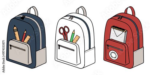 A realistic photo of three school backpacks standing upright side by side on a transparent or white background. One backpack is navy blue, the second is light gray, and the third is bright red. Each b