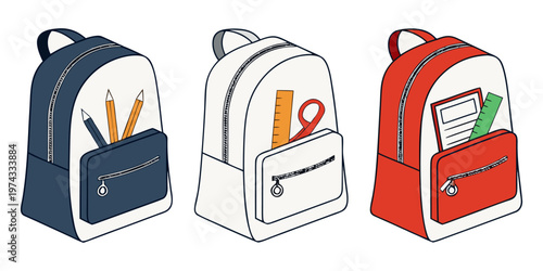 A realistic photo of three school backpacks standing upright side by side on a transparent or white background. One backpack is navy blue, the second is light gray, and the third is bright red. Each b