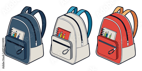 A realistic photo of three school backpacks standing upright side by side on a transparent or white background. One backpack is navy blue, the second is light gray, and the third is bright red. Each b