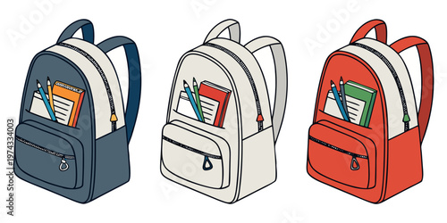 A realistic photo of three school backpacks standing upright side by side on a transparent or white background. One backpack is navy blue, the second is light gray, and the third is bright red. Each b