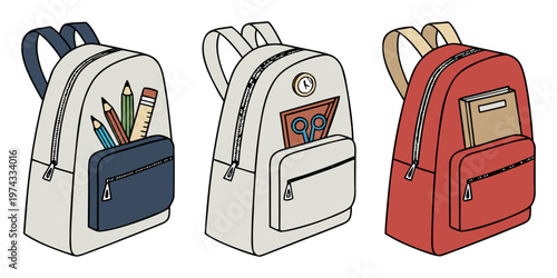A realistic photo of three school backpacks standing upright side by side on a transparent or white background. One backpack is navy blue, the second is light gray, and the third is bright red. Each b