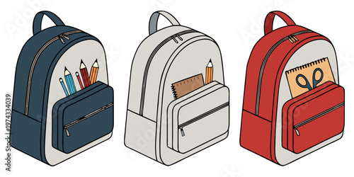 A realistic photo of three school backpacks standing upright side by side on a transparent or white background. One backpack is navy blue, the second is light gray, and the third is bright red. Each b