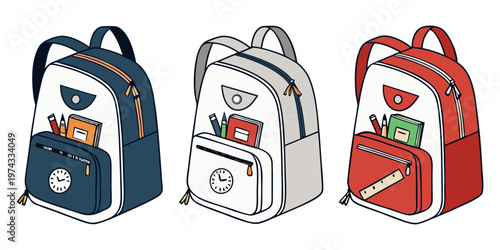 A realistic photo of three school backpacks standing upright side by side on a transparent or white background. One backpack is navy blue, the second is light gray, and the third is bright red. Each b