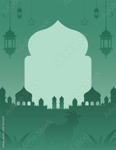 Eid al-Adha themed green gradient frame background with silhouette of adult male goat, mosque dome and hanging lantern for poster, pamphlet, product marketing brochure at Eid al-Adha event.