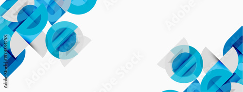 Abstract geometric shapes, blue hues, overlapping layers create modern design. Clean aesthetic, minimalist composition, spacious background.