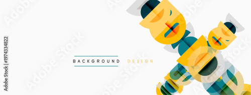 Abstract geometric shapes overlap, creating dynamic visual texture. Light colors dominate design, with text elements present.