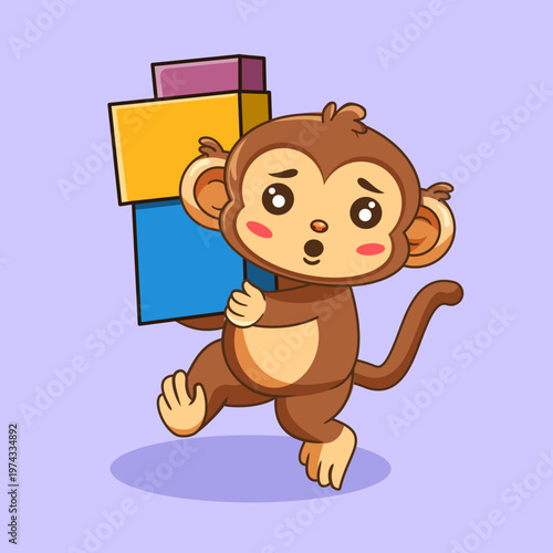Cute Cartoon Monkey Carrying Stack of Colorful Box Vector Illustration Kawaii Animal
