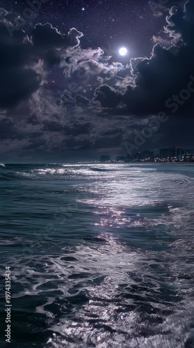 Moonlight reflecting on ocean waves at night creating a calm and cinematic seascape