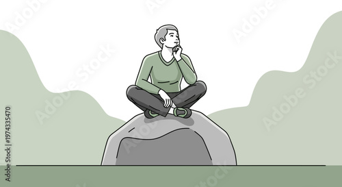 Contemplative Person Sitting On A Rock Looking Towards The Horizon