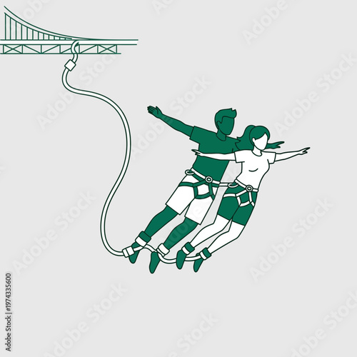 Couple Bungee Jumping Together From Bridge Extreme Adventure Thrill