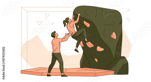 Couple Bouldering Indoors With Supportive Partner And Athletic Challenge