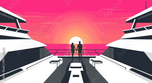 Couple Holding Hands Yacht Sunset Pink Sky Romantic Voyage Luxury Travel