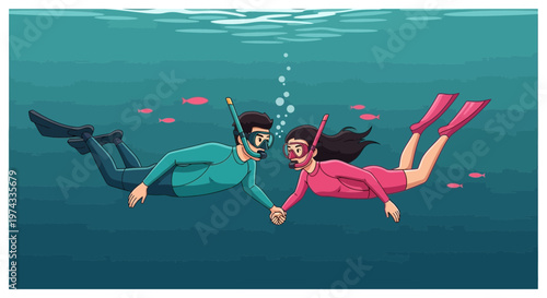 Couple Holding Hands While Snorkeling Underwater Exploration