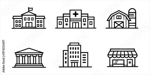 Collection of building icons including government, hospital, farm, courthouse, office, and shop