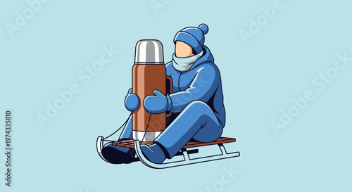 Cozy Winter Traveler With Thermos On Sled