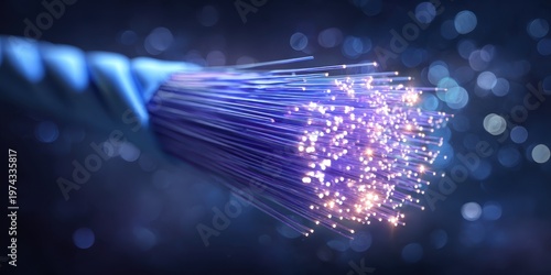 Fiber optic transmit digital signals. Rapid data transfer. Shining optical fibers vibrant neon purple blue boke background. Digital high speed data transmission. Glowing fiber optic cables in motion.