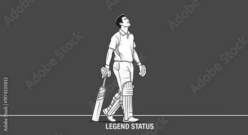 Cricket Player In Line Art Style With Bat And Pads Reflecting On Career