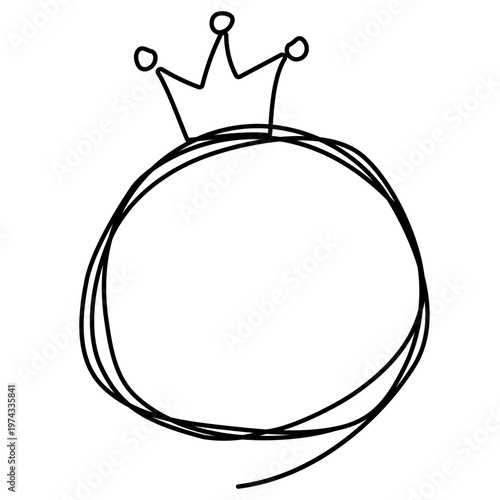 手書きのクラウンと円のフレーム　ベクター イラスト、黒、線画、テンプレート、ラフ、白背景、コピースペース、モノク