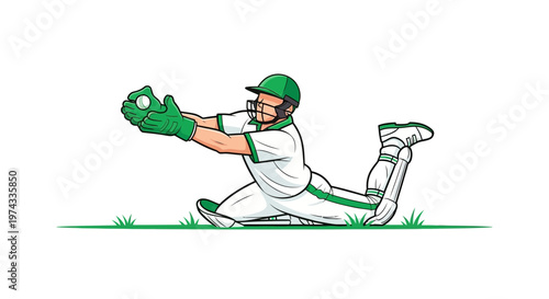 Cricket Player Making A Diving Catch On Green Field Graphic