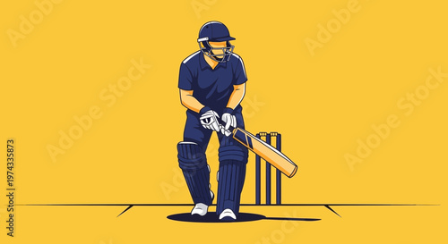 Cricket Player Ready To Bat Sports Illustration Flat Design