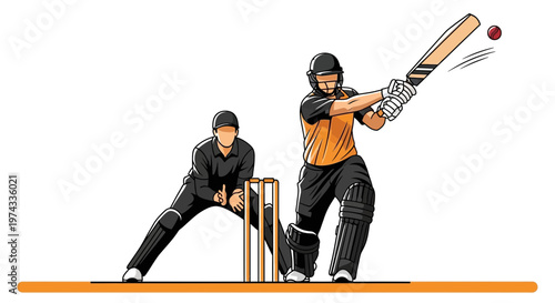 Cricket Players Batting And Fielding Action Dynamic Sports Illustration