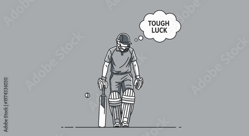 Cricket Player With Thought Bubble Saying Tough Luck Minimalist Illustration