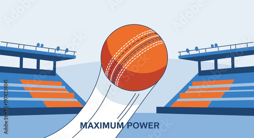Cricket Ball Launching High Over Stadium Seats With Dynamic Motion Lines