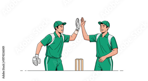 Cricket Players Celebrating Together Giving High Five Victory Sport Illustration
